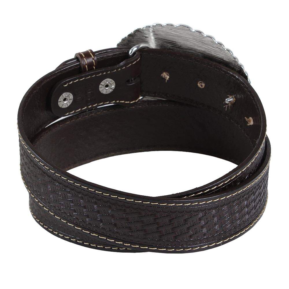 Cinto Cowboy Cow Way Couro Marrom Entalhado Fivela Laço Strass