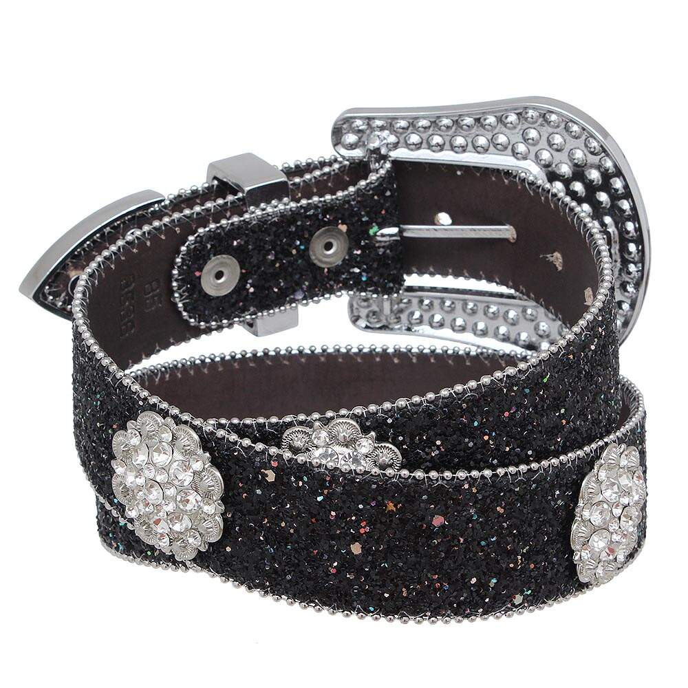 Cinto Feminino Preto Glitter Strass Aplique Fivela Removível Luxo Country Pyramid