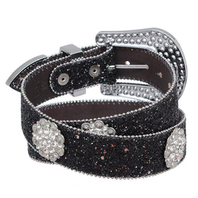 Cinto Feminino Preto Glitter Strass Aplique Fivela Removível Luxo Country Pyramid