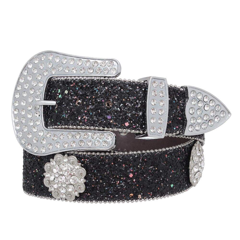 Cinto Feminino Preto Glitter Strass Aplique Fivela Removível Luxo Country Pyramid