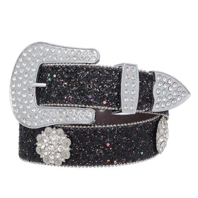 Cinto Feminino Preto Glitter Strass Aplique Fivela Removível Luxo Country Pyramid
