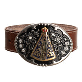 Cinto Country Liso Fivela Nossa Senhora Aparecida Strass Marrom Couro Legítimo