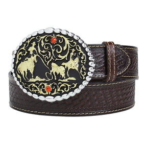 Cinto Cowboy Cow Way Couro Marrom Entalhado Fivela Laço Strass