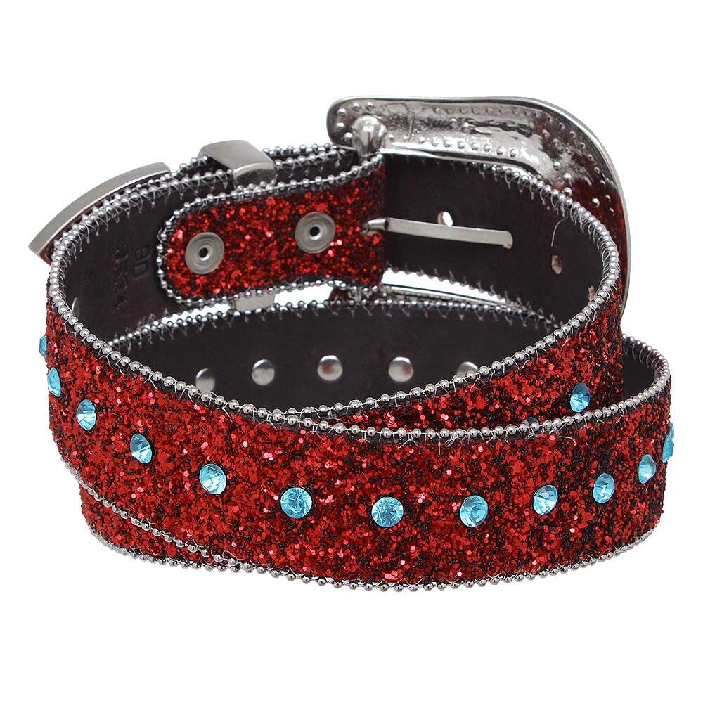 Cinto Feminino de Couro Legítimo Vermelho com Glitter Strass Removível Country