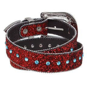 Cinto Feminino de Couro Legítimo Vermelho com Glitter Strass Removível Country