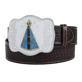 Cinto Cowboy Masculino Cow Way Couro Genuíno Marrom Fivela Nossa Senhora Artesanal