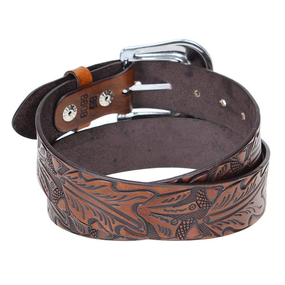 Cinto de Couro Legítimo Bordado Unissex Cow Way Marrom Fivela Removível