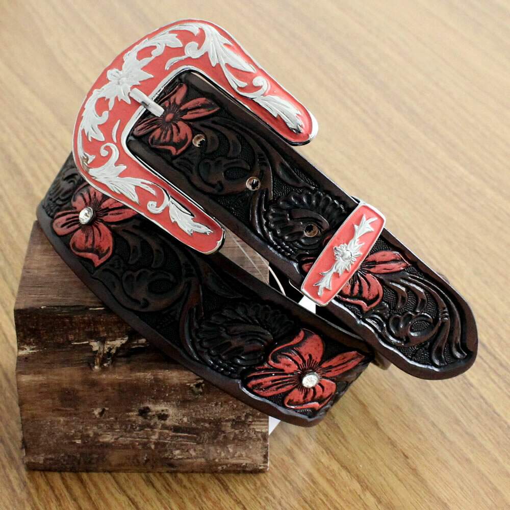 Cinto Feminino Country Master Couro Marrom Bordado Strass Fivela Removível