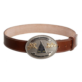 Cinto Country de Couro Genuíno Marrom com Fivela Nossa Senhora Aparecida