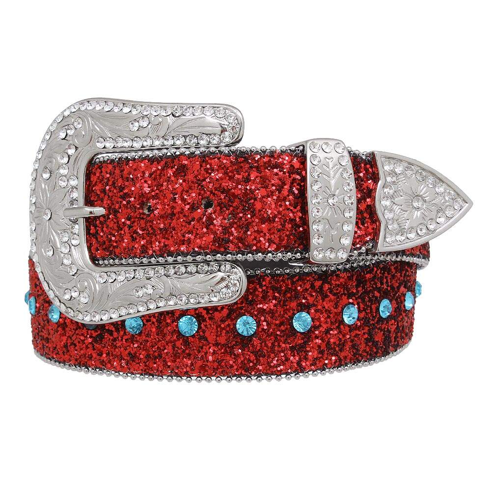 Cinto Feminino de Couro Legítimo Vermelho com Glitter Strass Removível Country