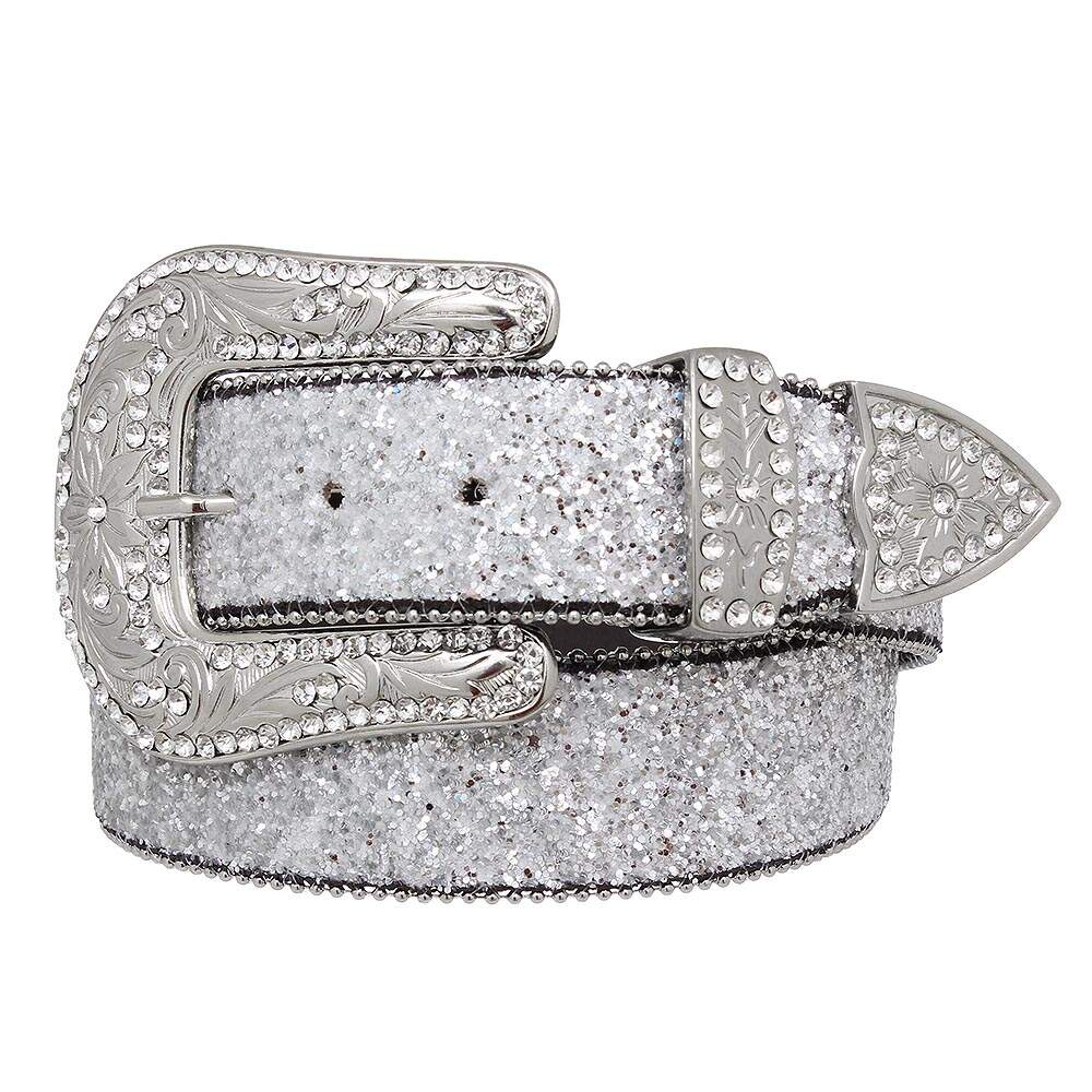 Cinto Feminino de Couro Prata com Glitter Brilhante Pyramid Country Luxo