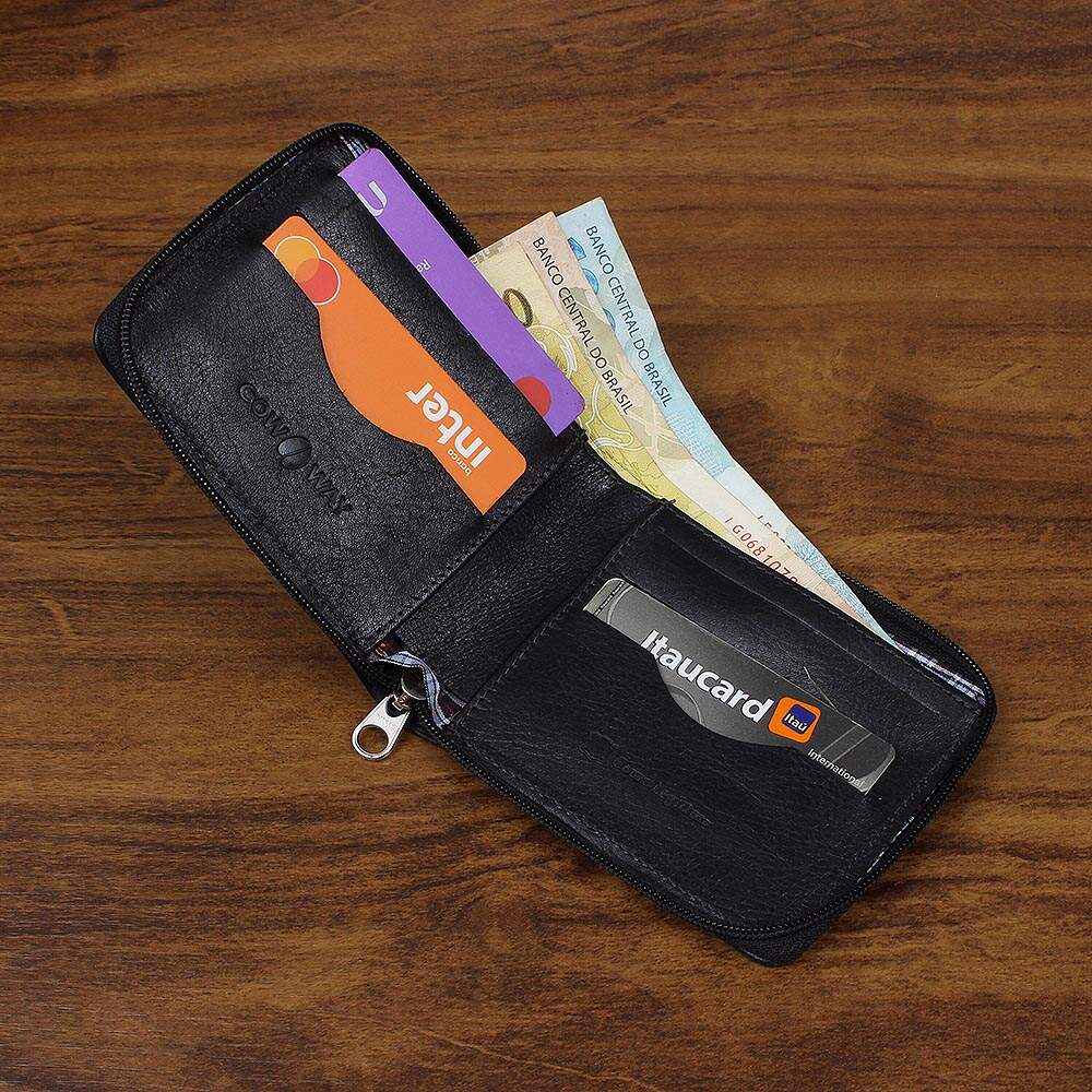 Carteira Masculina Cow Way Preta de Couro Genuíno com Zíper e 7 Compartimentos