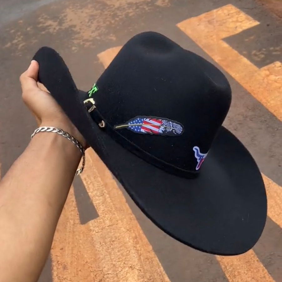 Chapéu Country Pralana Feltro Preto Lã Premium Unissex Estilo Rodeio Elegante