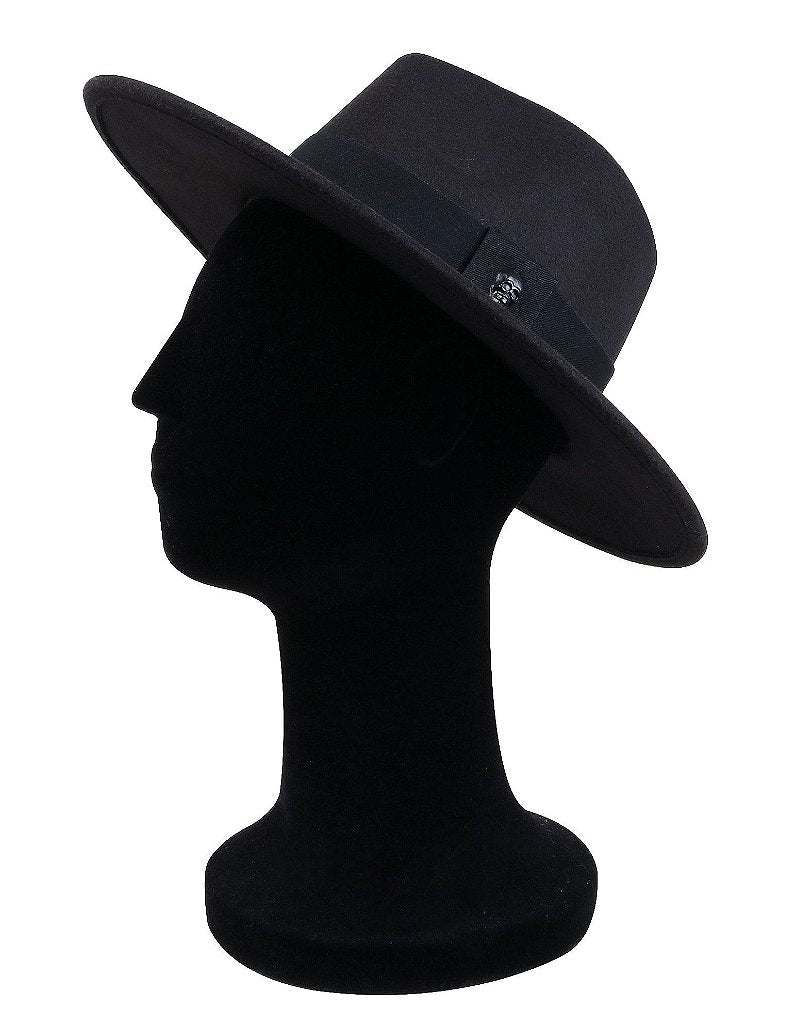 Chapéu Fedora Preto Edição Skull Caveira Fosca Aba Reta 7cm Unissex Estiloso