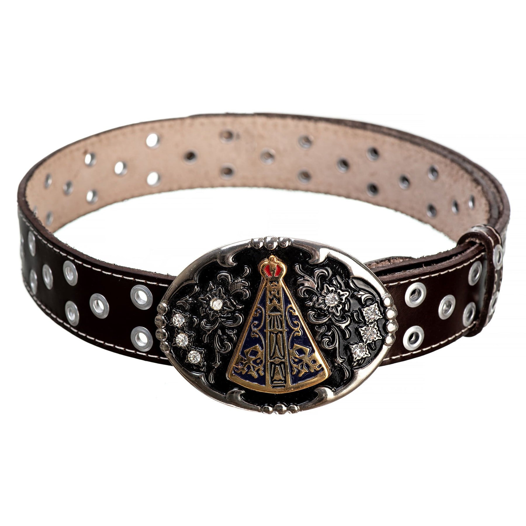 Cinto Country Muladeiro Fivela Nossa Senhora Aparecida Strass Couro Legítimo